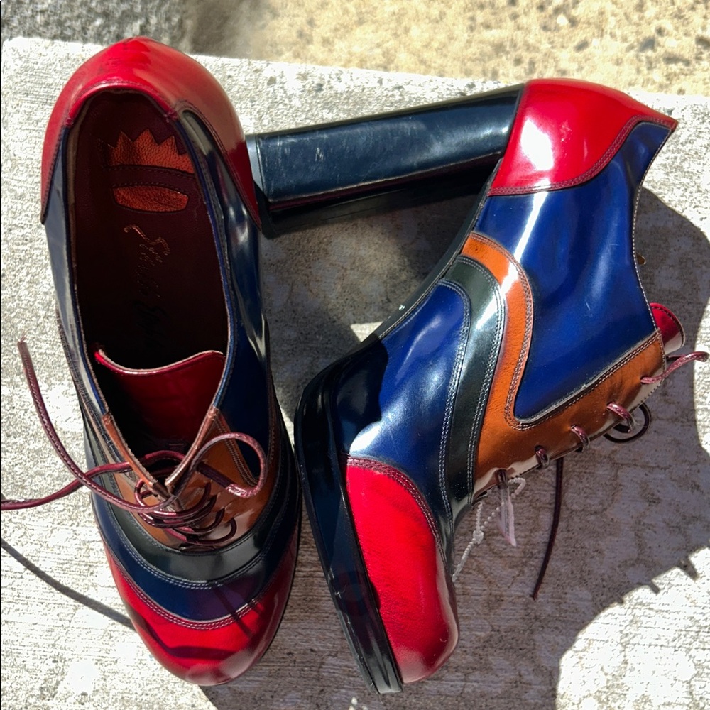 OUTRAGEOUS VTG Sz 7.5 ERNESTO ESPOSITO Multicolor leather platform hi heel Shoes - Picture 8 of 9